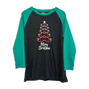 NEW Women's Large Ragland Merry Christmas Holiday Mustache Tree Casual T-Shirt